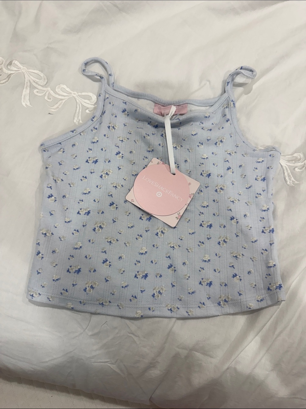LoveShackFancy Light Blue Floral Ribbed Tank with Pink Bow